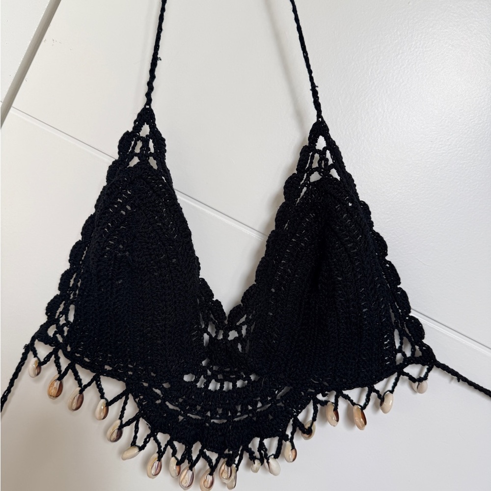 Black Crochet Halter Top with Shell Accents